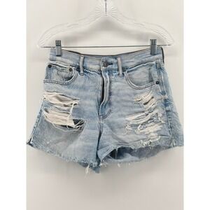 American Eagle Distressed Denim Shorts Light Wash High Waisted Raw Hem Womens 4